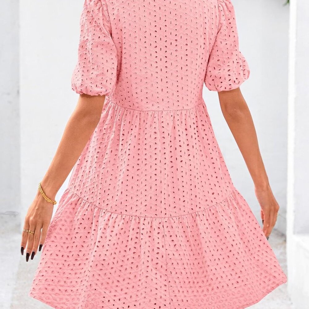 Eyelet Summer Dresses for Women 2025 Mini Casual Hollow Out Short Sleeve Lace Ti - Picture 2 of 8